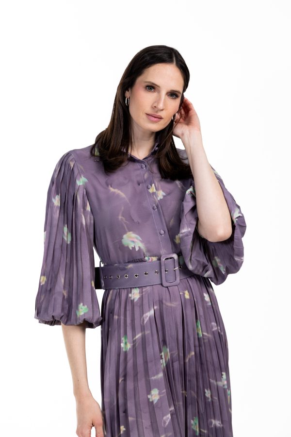 Belted Pleated Dress Online Hot Sale - Image 3