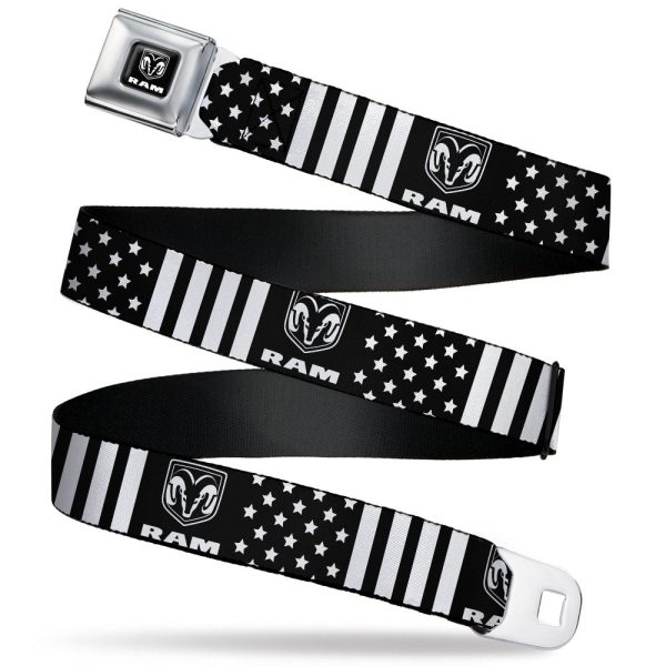 RAM Logo Full Color Black White Seatbelt Belt - RAM Logo Americana Stars and Stripes Black White Webbing Sale